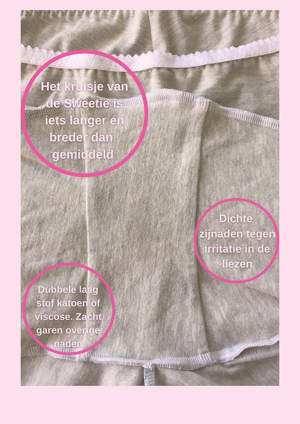 Detailfoto van de binnenkant van het kruisje van de Sweetie onderbroek met pijpjes. Er staan wat teksten overheen die ook in het artikel genoemd worden zoals dubbele laag stof en dichte zijnaden tegen irritatie van je liezen